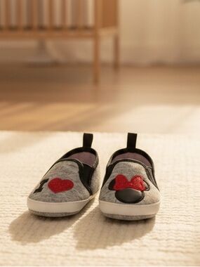 Disney Grey Slip-On Baby Shoes with Red Heart and Bow Accents